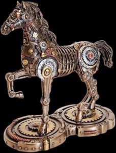 Detaljeret steampunk-hest i bronze med tandhjul og kobberelementer på tandhjulsbase